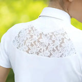 White lace-backed short-sleeve shirt with floral mesh panel for equetech parade show-time junior parade show-time use