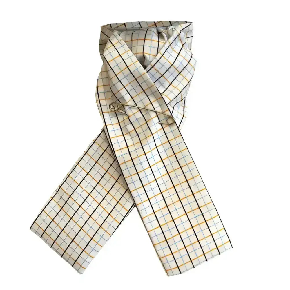 A cream-colored equetech pc riding scarf with printed tri-check woven jacquard in lightweight fabric