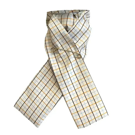 A cream-colored equetech pc riding scarf with printed tri-check woven jacquard in lightweight fabric