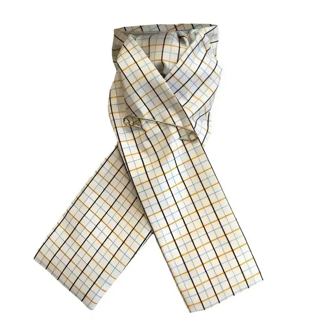 A cream-colored equetech pc riding scarf with printed tri-check woven jacquard in lightweight fabric