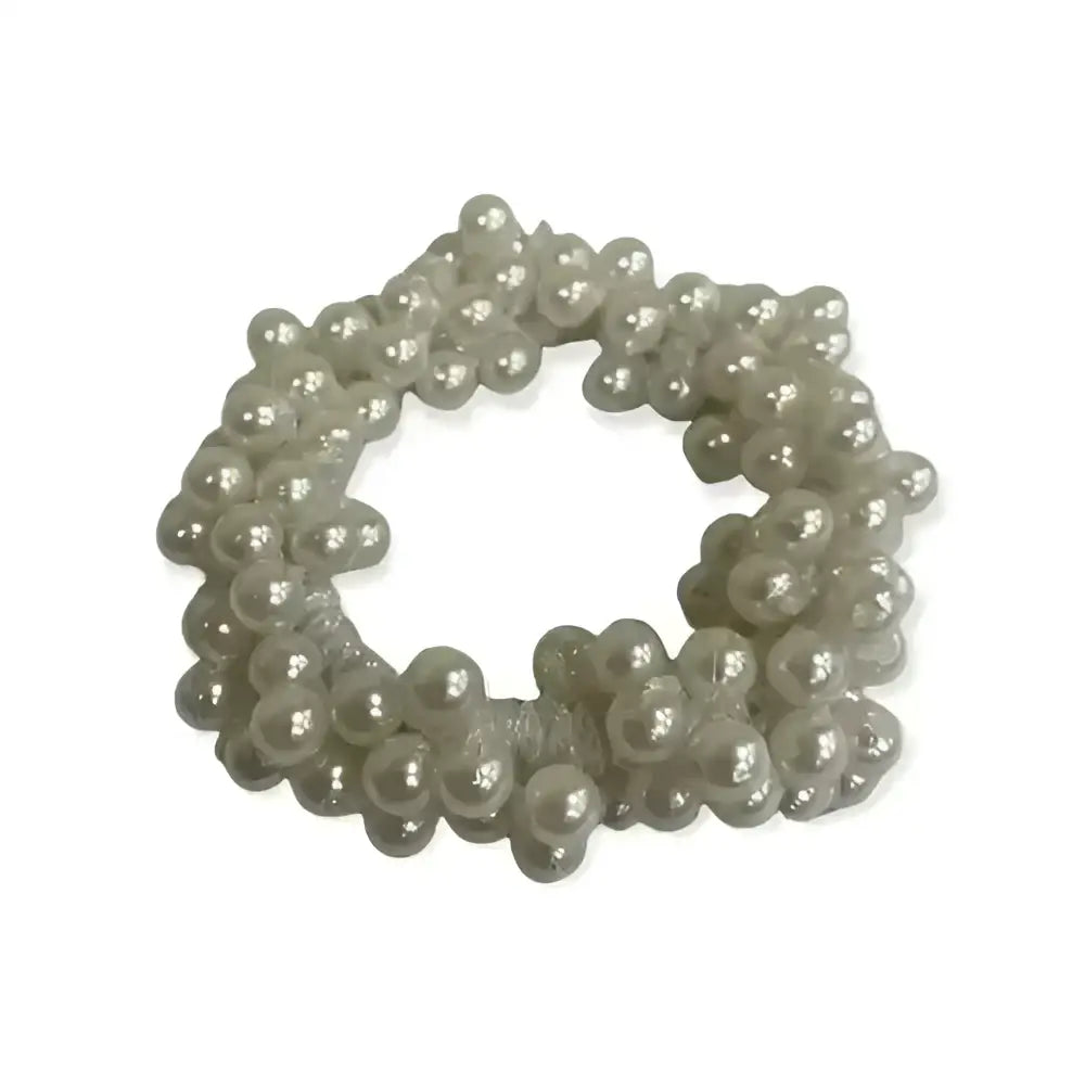 A delicate equetech pearl beaded scrunchie with translucent gray pearl cluster beads that catch the light perfectly