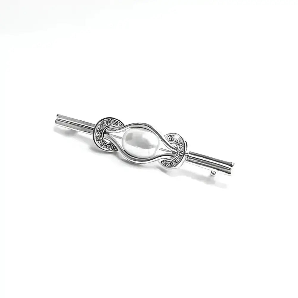 Silver horseshoes stock pin with ornate faux water pearl and intricate engraved metal loops by equetech pearl