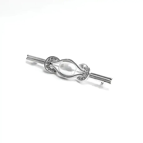 Silver horseshoes stock pin with ornate engraved loops and a central equetech pearl faux water pearl detail