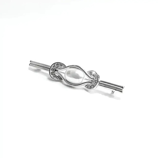 Silver horseshoes stock pin with ornate faux water pearl and intricate engraved metal loops by equetech pearl