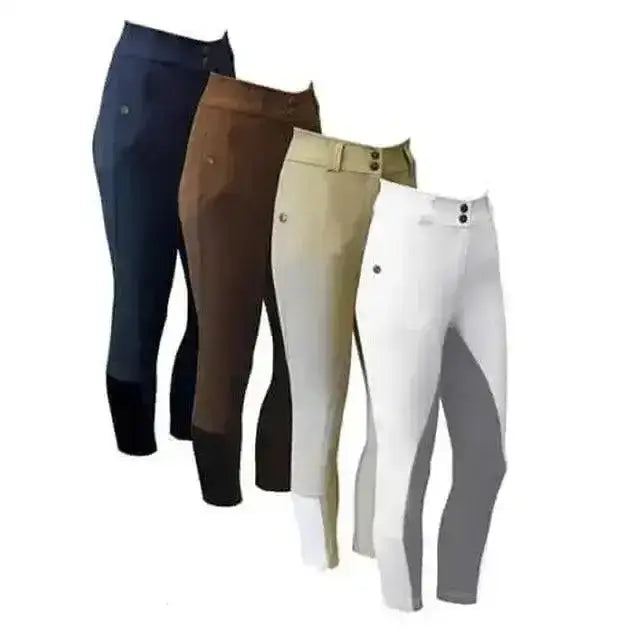 Four pairs of equetech perform competition breeches in navy brown beige and white with gray seat riding panels