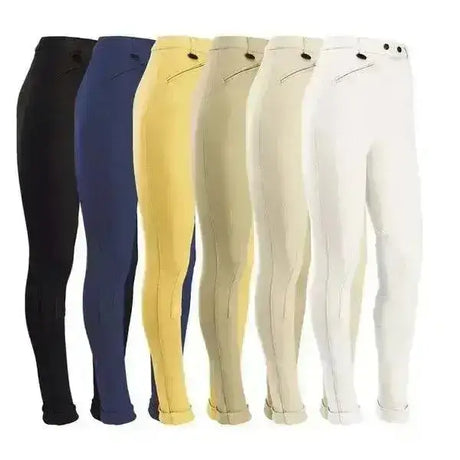 A row of equetech prima competition jodhpurs in black navy blue yellow beige and white fantastic all-round jodhpurs