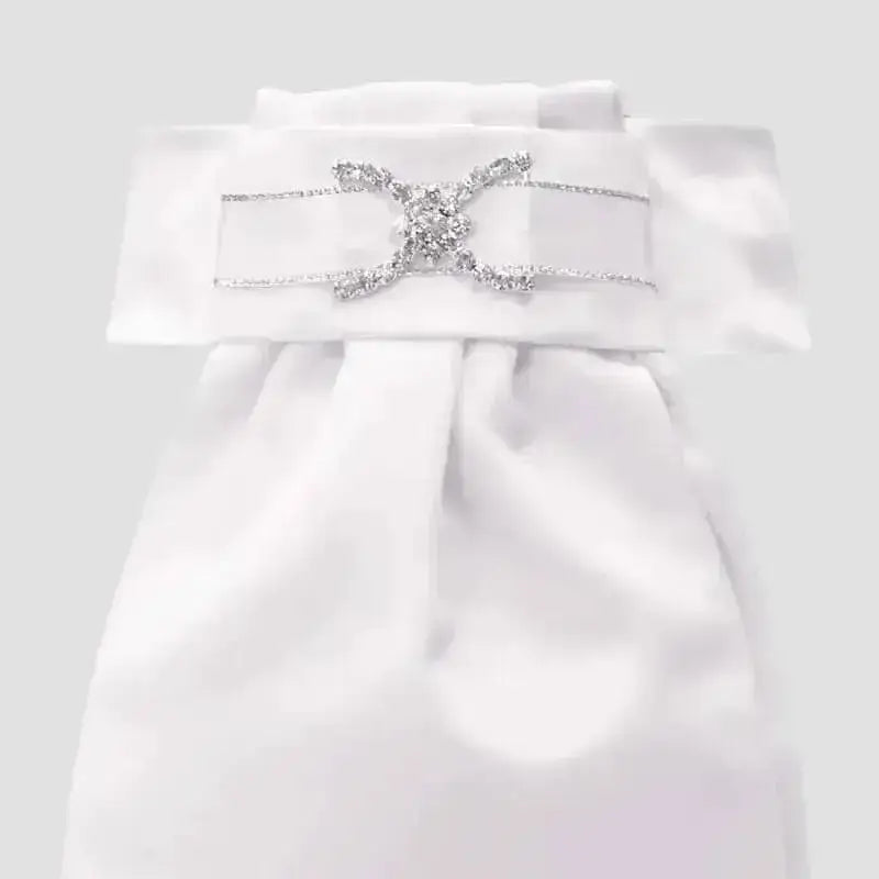 White satin ribbon belt with sparkling silver crystal diamante curved cross buckle on equetech ready-tied stock ameila deluxe