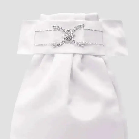 White satin ribbon belt with sparkling silver crystal diamante curved cross buckle on equetech ready-tied stock ameila deluxe
