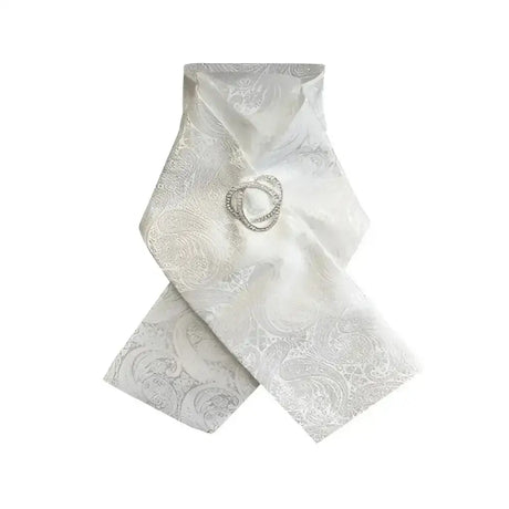 A delicate white satin equetech ready-tied stocks paisley with silver pattern and sparkling stock pin brooch