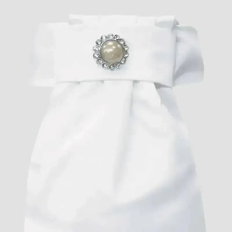 White satin equetech ready-tied stocks with a silver brooch featuring a central pearl and sparkling rhinestones