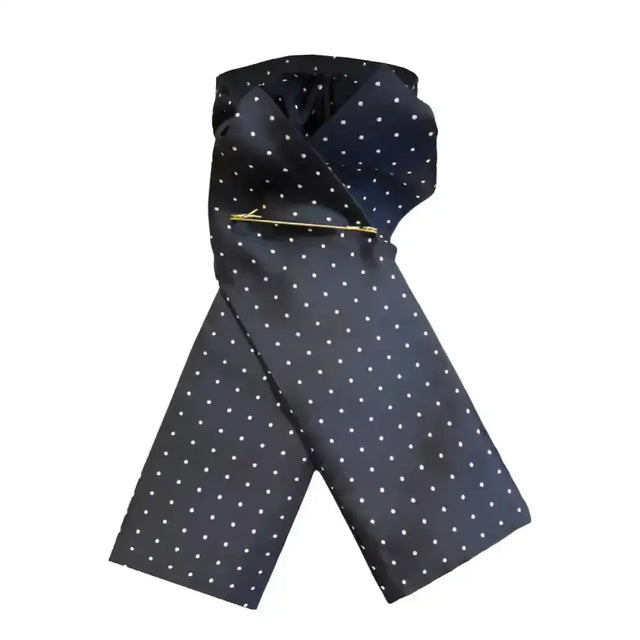 Black silk equetech ready-tied stocks with white pin spot navy polka dots and gold tie clip for formal wear
