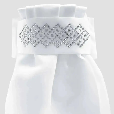 White satin ribbon belt with sparkling silver rhinestone diamond pattern on equetech ready-tied stocks solitair