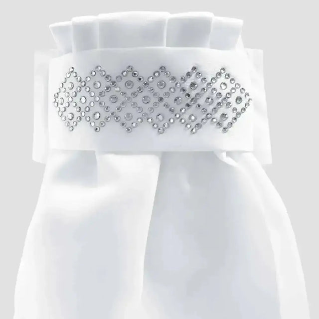 White satin ribbon belt with sparkling silver rhinestone diamond pattern on equetech ready-tied stocks solitair