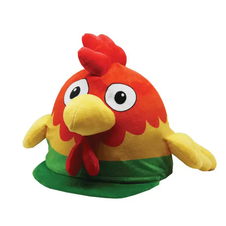 Equetech rocky rooster plush hat cover with unique 3d wings red comb yellow beak and green base