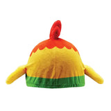 A plush equetech rocky rooster novelty hat cover with a red crest yellow body green trim and unique 3d wings