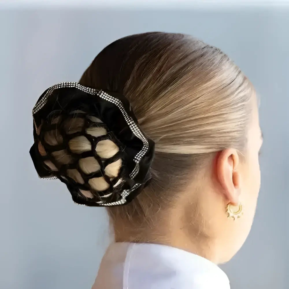 Black mesh hair bun holder with sparkling rhinestone trim in equetech satin deluxe crystal hair scrunchie style