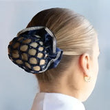 Navy blue mesh equetech satin deluxe crystal hair scrunchie with satin ribbon and rhinestone trim