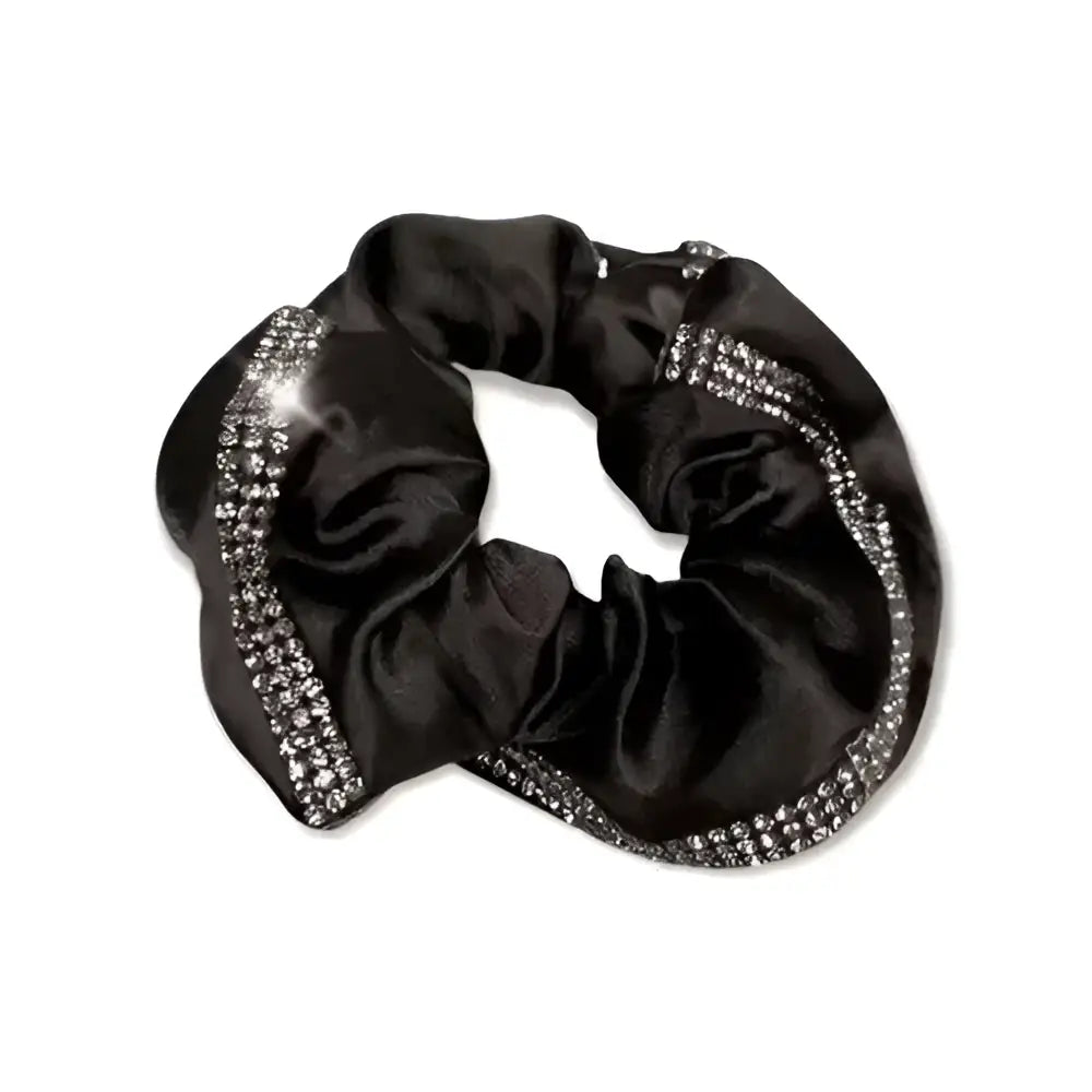 Black equetech satin deluxe hair scrunchie with sparkling crystal rhinestones along the edge