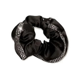 Black equetech satin deluxe hair scrunchie with sparkling crystal rhinestones along the edge
