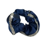 Equetech satin deluxe crystal hair scrunchie in navy blue satin with a sparkling rhinestone edge
