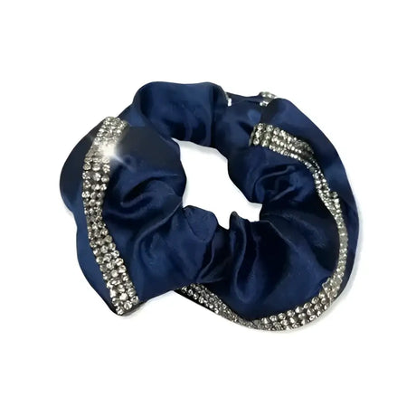Equetech satin deluxe crystal hair scrunchie in navy blue satin with a sparkling rhinestone edge