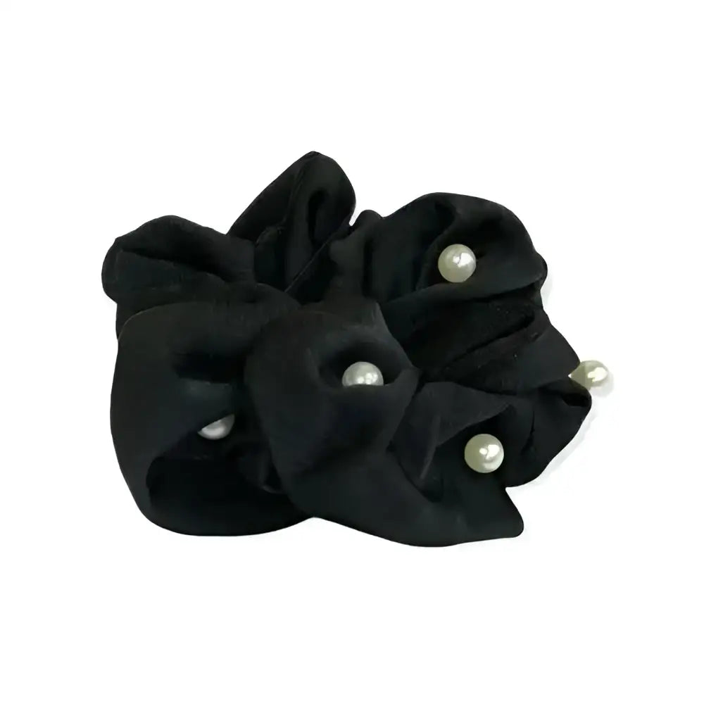 Black velvet equetech satin pearl hair scrunchie adorned with small round white pearls for a beautiful plush look