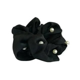 Black velvet equetech satin pearl hair scrunchie adorned with small round white pearls for a beautiful plush look