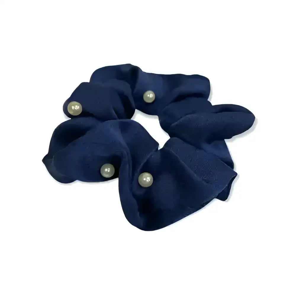 Navy blue equetech satin pearl hair scrunchie with four small pearl beads features beautiful plush satin fabric