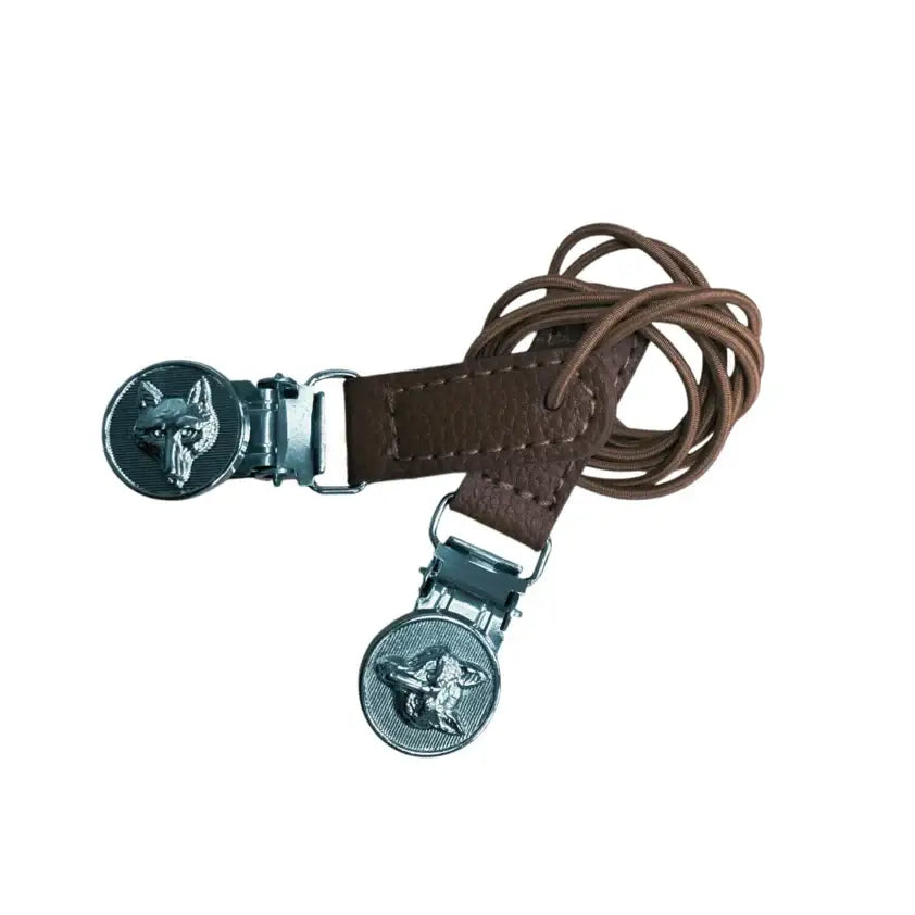 Brown leather equetech showing number clips with silver engraved fox head dog clasps and adjustable buckle