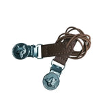 Brown leather equetech showing number clips with silver engraved fox head dog clasps and adjustable buckle