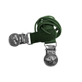 Dark green leather equetech showing number clips with silver metal clasps featuring engraved dog head designs