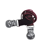 Maroon leather equetech showing number clips with silver engraved fox head buckles for easy showing number attachment