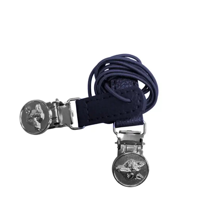 Navy blue leather equetech showing number clips with silver metal clasps and embossed engraved fox head medallions