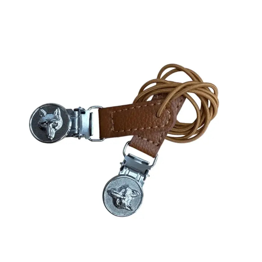 Brown leather equetech showing number clips with silver wolf-head clasps and coiled tan cord for showing numbers