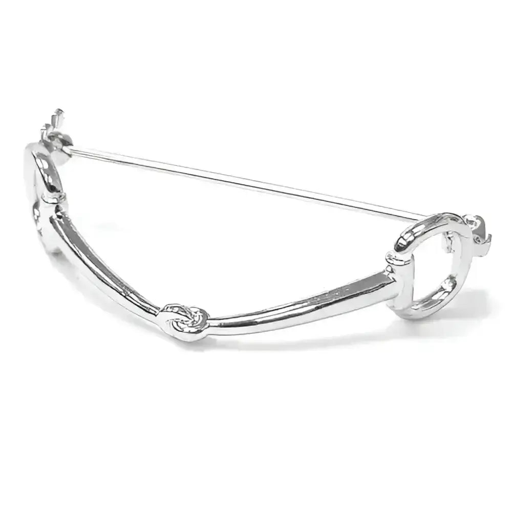 Silver equetech snaffle stock pin brooch with polished metal and intricate knot detailing perfect for equestrian style