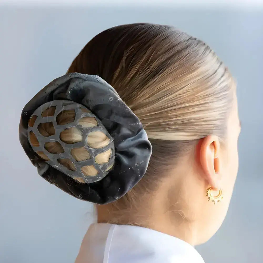 Black velvet hair bun with mesh netting design featuring equetech solitaire velvet metallic foil scrunchie
