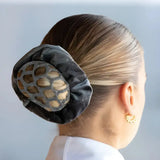 Black velvet hair bun with mesh netting design featuring equetech solitaire velvet metallic foil scrunchie