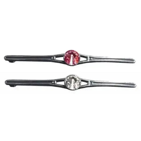 A pair of sleek silver plated riding stock pins with equetech swarovski crystal featuring pink and clear crystals