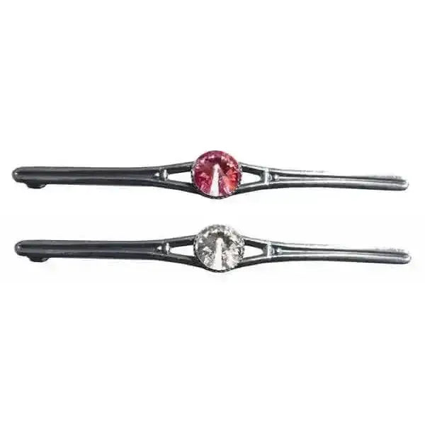A pair of sleek silver plated riding stock pins with equetech swarovski crystal featuring pink and clear crystals