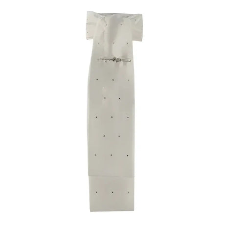 White fabric garment bag with short sleeves and silver metal clasp for equetech swarovski crystal untied riding stock