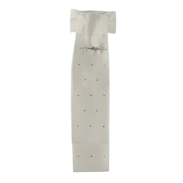 White fabric garment bag with short sleeves and silver metal clasp for equetech swarovski crystal untied riding stock