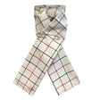 A white equetech tattersall check riding scarf in red and black secured by two silver safety pins