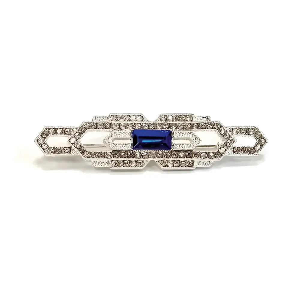 Equetech tiffany stock pin with deep blue rectangular gemstone and silver art deco design pin with clear stones