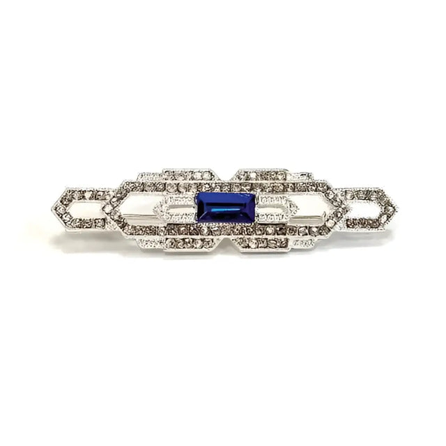 Equetech tiffany stock pin with deep blue rectangular gemstone and silver art deco design pin with clear stones