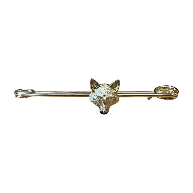 Gold-toned equetech traditional foxhead stock pin with detailed fur texture and polished metal finish