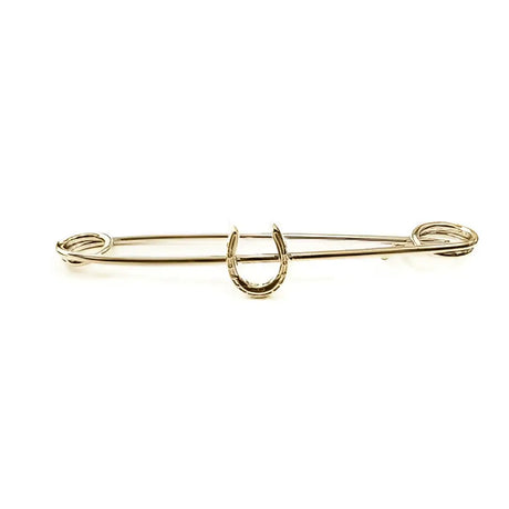 Gold-toned metal equetech traditional horseshoe stock pin with horseshoe-shaped clasp for classic style safety