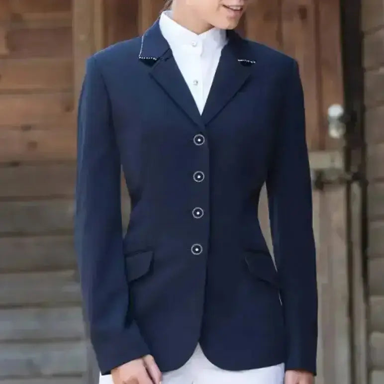 Navy blue equetech triumph vent ladies show jacket with white button accents and an exquisite design ideal for riding