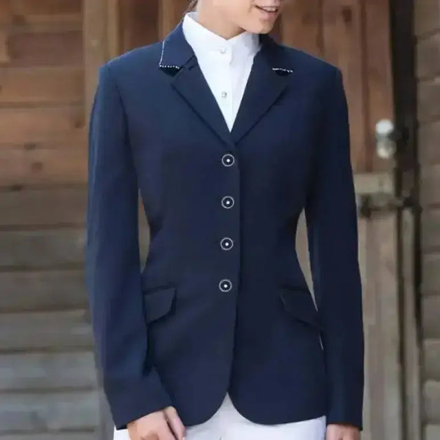 Navy blue equetech triumph vent ladies show jacket with white button accents and an exquisite design ideal for riding