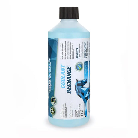 Light blue plastic bottle with black cap of equi-n-ice bandage coolant 500ml for instant cold treatment