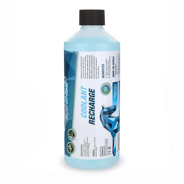 Light blue plastic bottle with black cap of equi-n-ice bandage coolant 500ml for instant cold treatment
